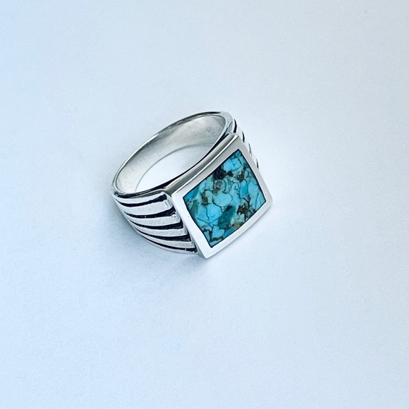 Sterling Silver Heavy Unisex Genuine Turquoise Ring, Statement Stone Rings - Picture 13 of 14